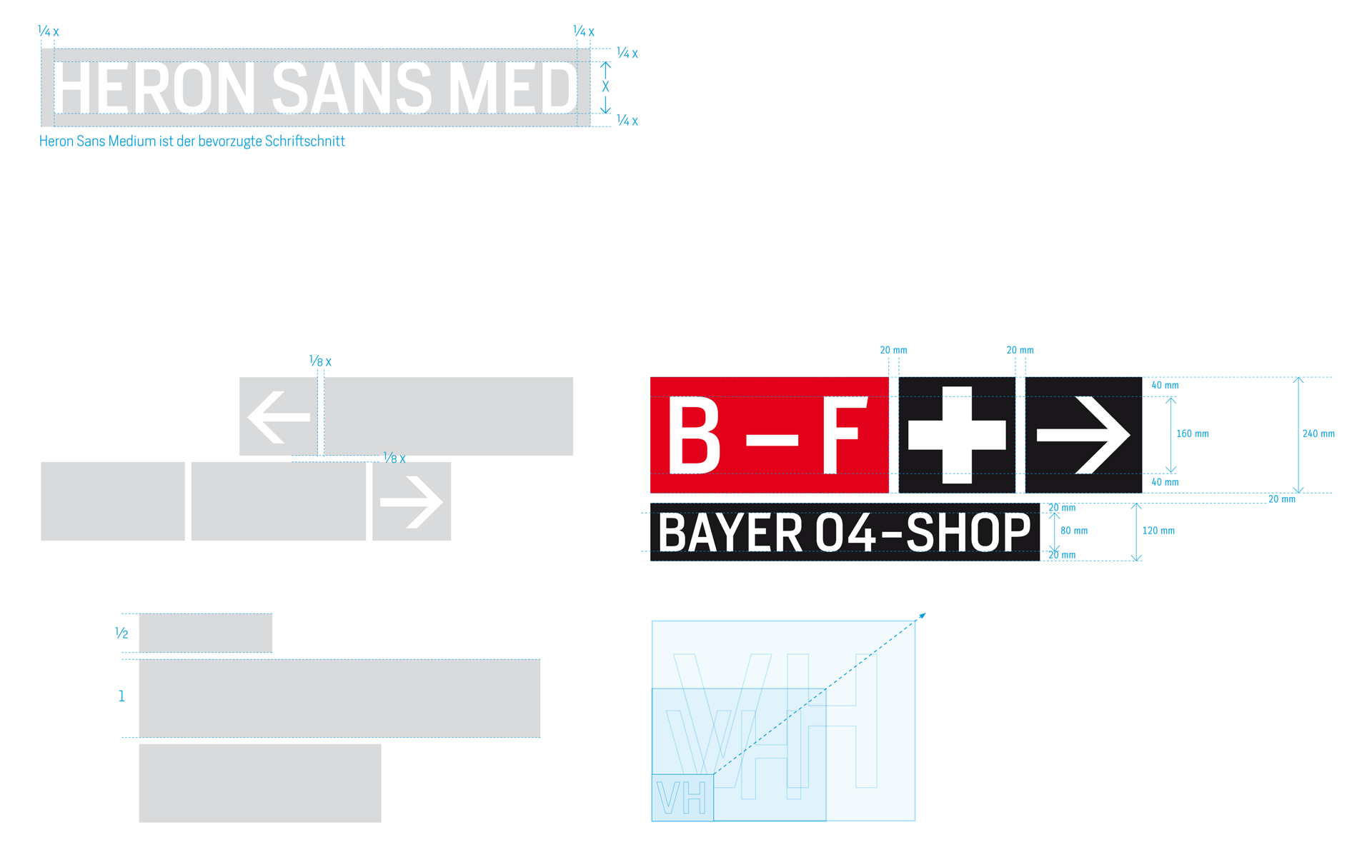 Bayer 04, BayArena Orientierungssystem und Branding, typografisches Modulsystem